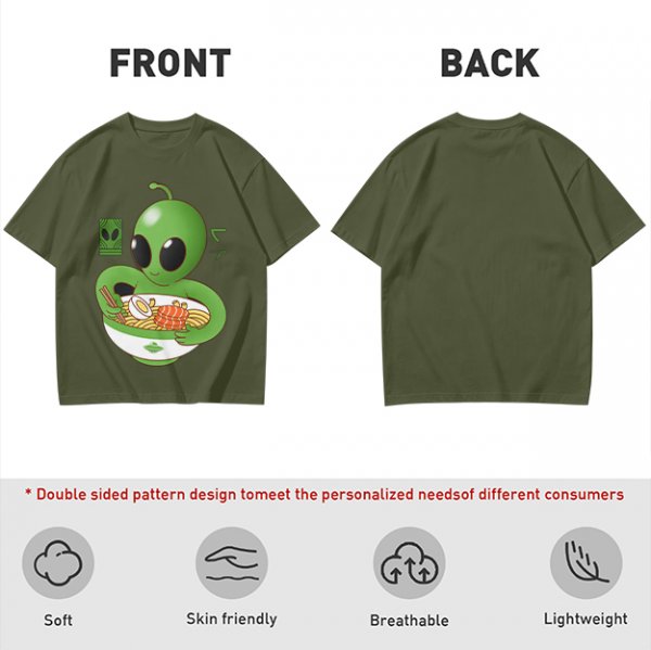 Olive Green T-Shirt With Cute Alien Eating Ramen Graphic