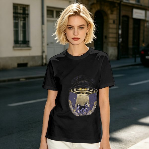 Olive Green T-Shirt with UFO Abducting Cow Graphic