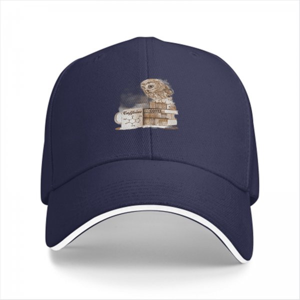 Black baseball cap with owl coffee and books graphic