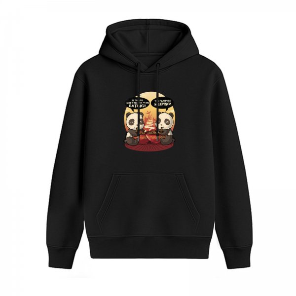 Black hoodie with two pandas eating and talking graphic print