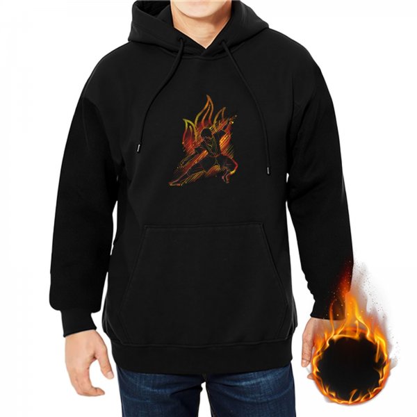 Black Hoodie With Fiery Action Figure Graphic Print