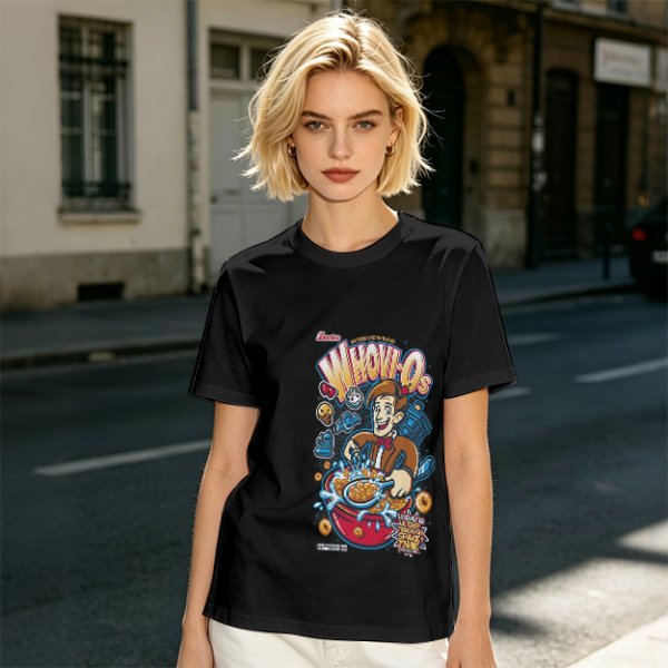 Olive t-shirt with Doctor Who themed Whov-Os cereal print
