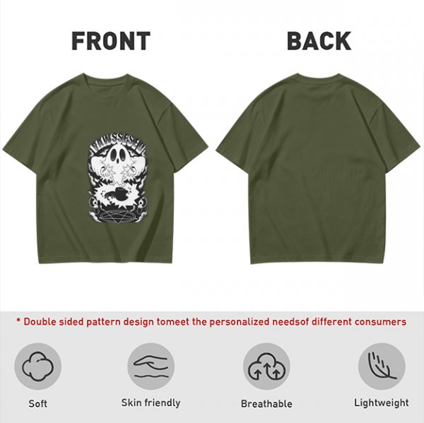 Olive T-shirt with Ghost and Occult Graphic Print