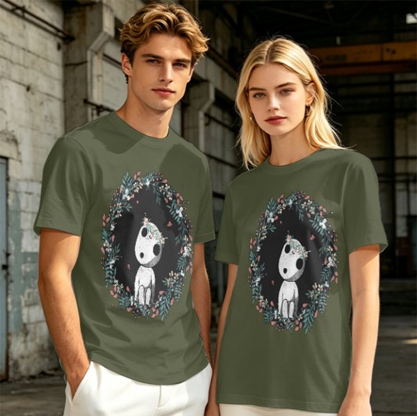 Olive T-Shirt with Kodama Forest Spirit Floral Wreath Print