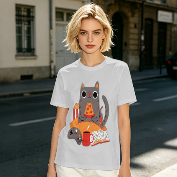 Olive T-Shirt With Cozy Cat Eating Pizza And Gaming Print