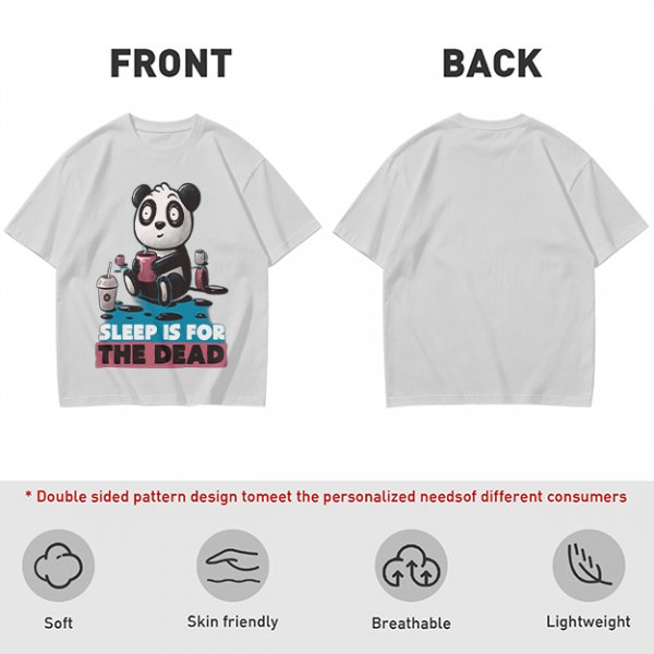 Olive t-shirt with panda drinking coffee and 'Sleep is for the dead' text