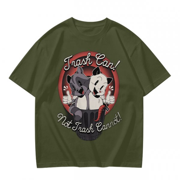 Olive t-shirt with retro cartoon raccoon and dog trash can print