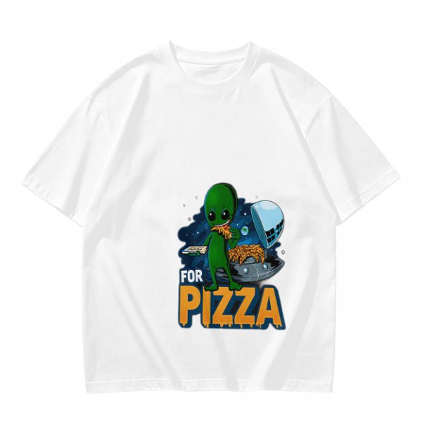 Olive Green T-Shirt with Alien Eating Pizza UFO Graphic