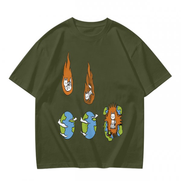 Olive Graphic Tee With Falling Cat Comets And Earth Artwork