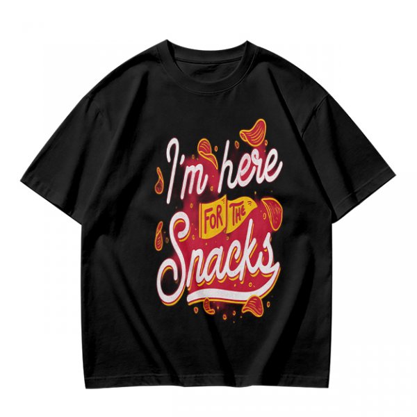 Olive green graphic tee with 'I'm here for the snacks' print