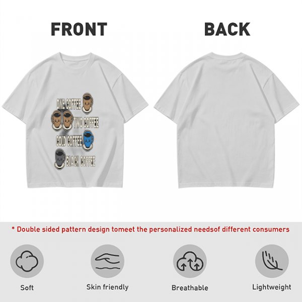 Olive green graphic tee with coffee cup illustrations and playful coffee text