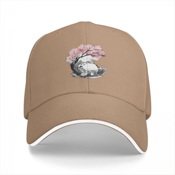 Black baseball cap with Totoro under cherry blossom tree print