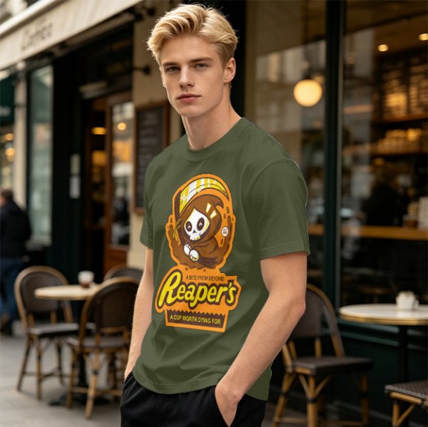 Olive green graphic t-shirt with cute reaper coffee themed print