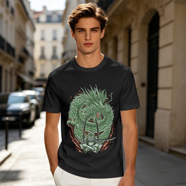 Olive T-shirt with Green Dragon and Samurai Warrior Graphic