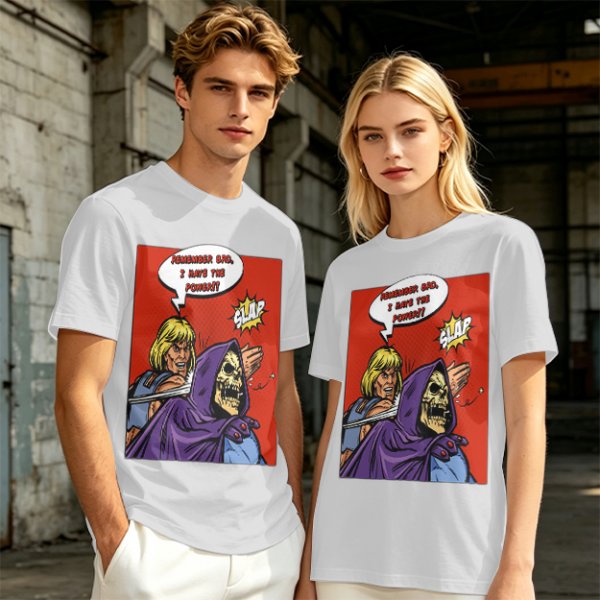 Olive T-shirt with He-Man slapping Skeletor comic print