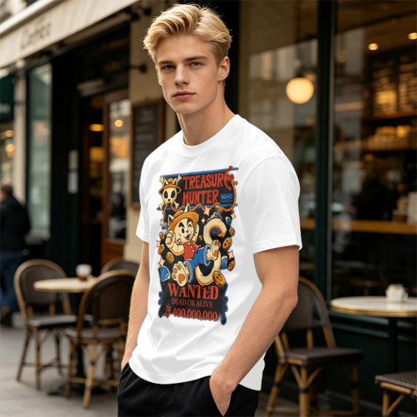 Treasure Hunter Wanted Cat Graphic T-Shirt Design