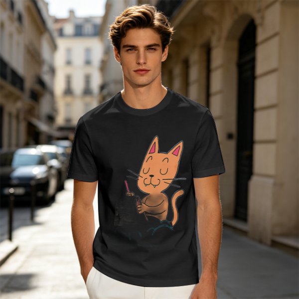 Olive T-Shirt with Cartoon Cat at Grave Print