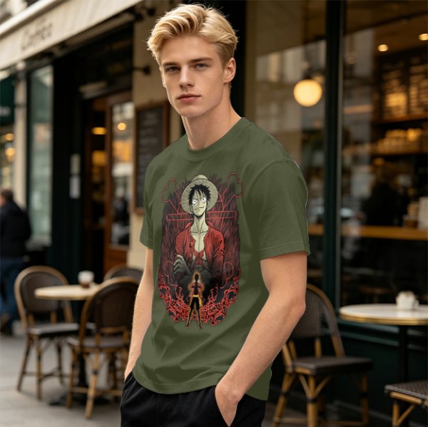 One Piece Luffy Graphic Print Olive T-Shirt