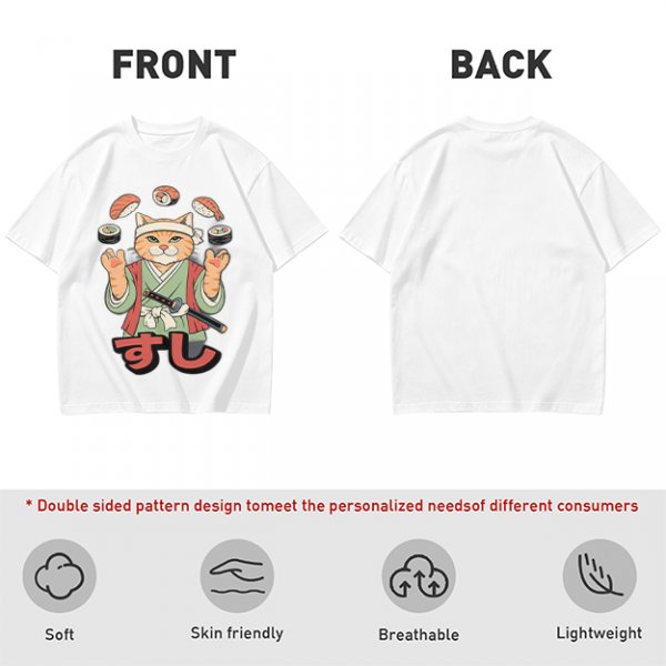 Olive T-Shirt With Cat Sushi Chef Juggling Sushi Print