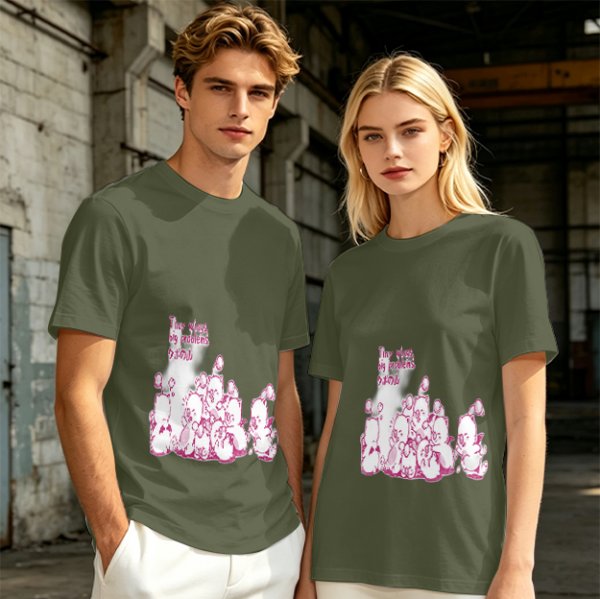 Olive Green T-Shirt With Pink Whimsical Graphic Print