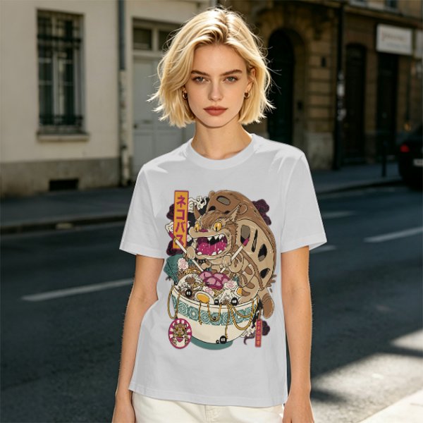 Olive t-shirt with cat bus ramen bowl graphic print