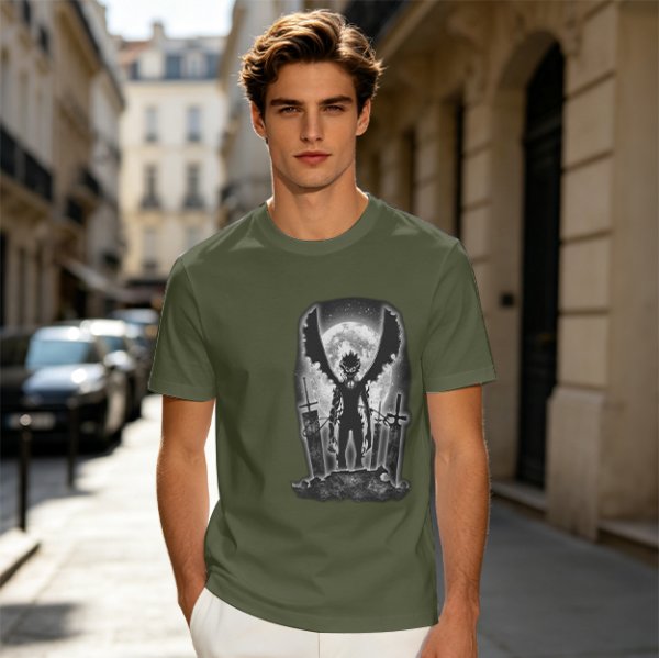 Olive t-shirt with dark anime winged warrior under full moon print