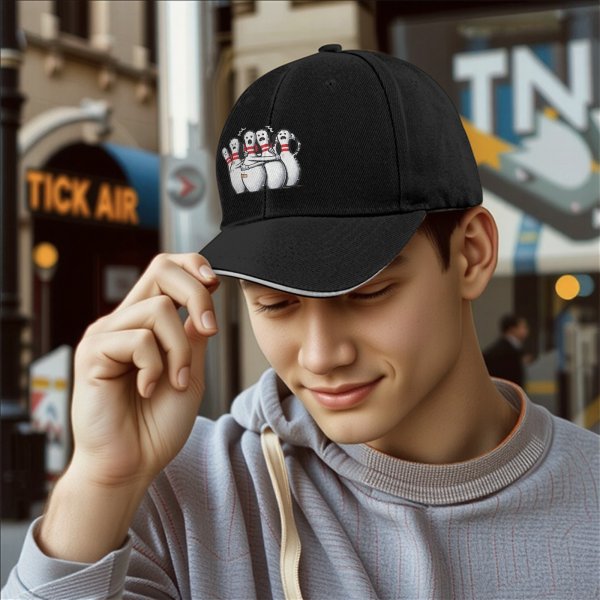 Black Baseball Cap With Scared Bowling Pins Graphic