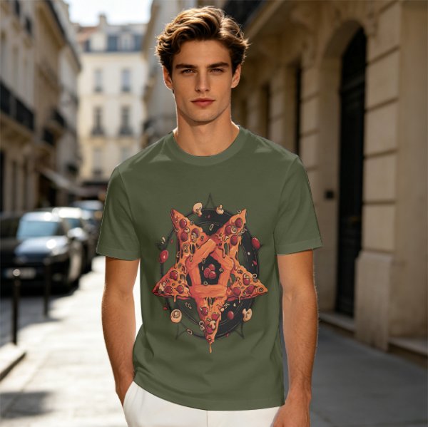 Olive T-Shirt With Pizza Pentagram Graphic Design