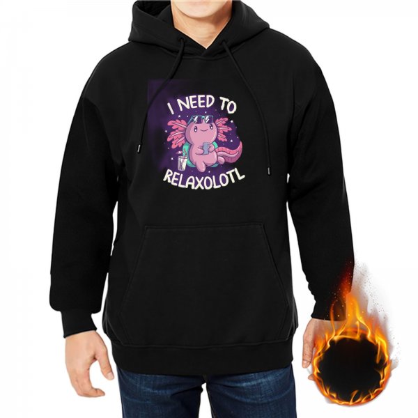 Black Hoodie With Cute Axolotl Relaxolotl Graphic Print