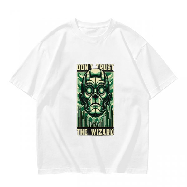 Olive green t-shirt with 'Don't Trust The Wizard' robot graphic print