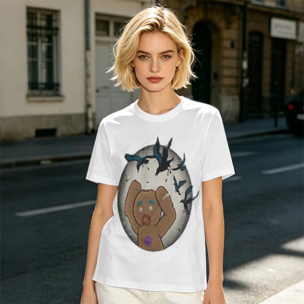 Olive T-shirt with a terrified gingerbread man and flying birds graphic