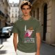 Olive t-shirt with Kirby holding knife and cake, text Calm Down I'm Only Here For The Cake
