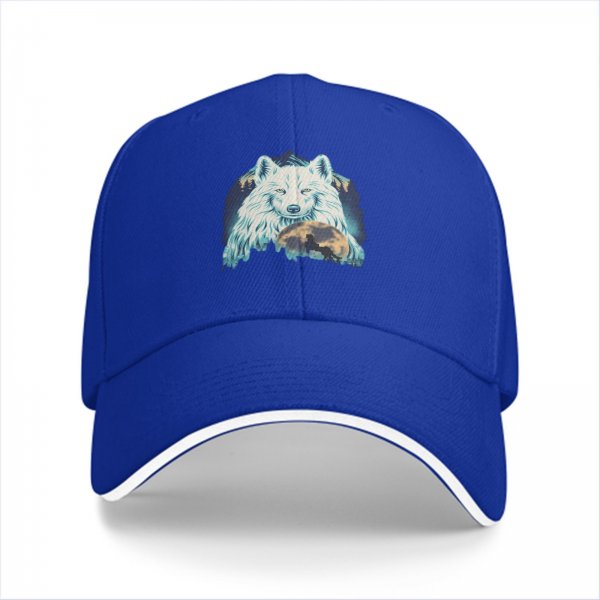 Black Baseball Cap With White Wolf And Moon Graphic Design