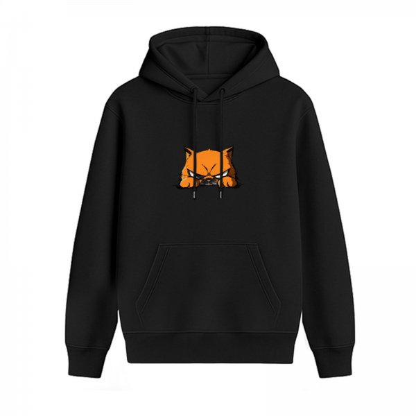 Black Hoodie With Angry Orange Cat Graphic Print