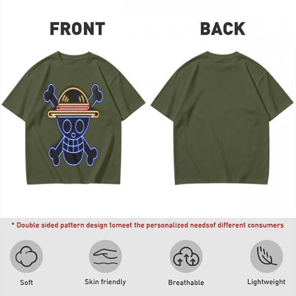 Olive T-Shirt with Neon Style Straw Hat Pirate Skull Print