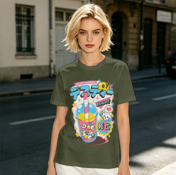 Oversized Graphic Tee with Death Flavor Bubble Tea Print