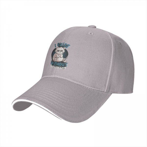 Black baseball cap with 'I Exist Without My Consent' grumpy cat print