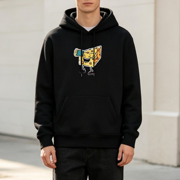 Black Hoodie With Cartoon Cheese Taking Selfie Peace Sign Graphic