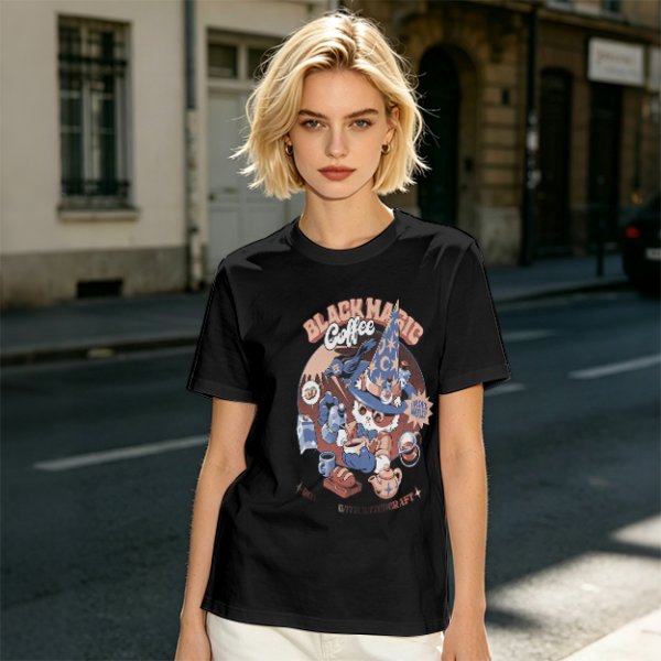 Olive T-Shirt with Black Magic Coffee Wizard Cat Graphic