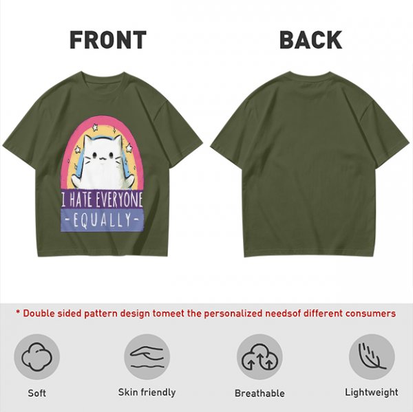 Olive graphic t-shirt with a white cat and 'I hate everyone equally' print