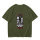 Olive t-shirt with cat kitchen graphic and 'Return to bed human' text
