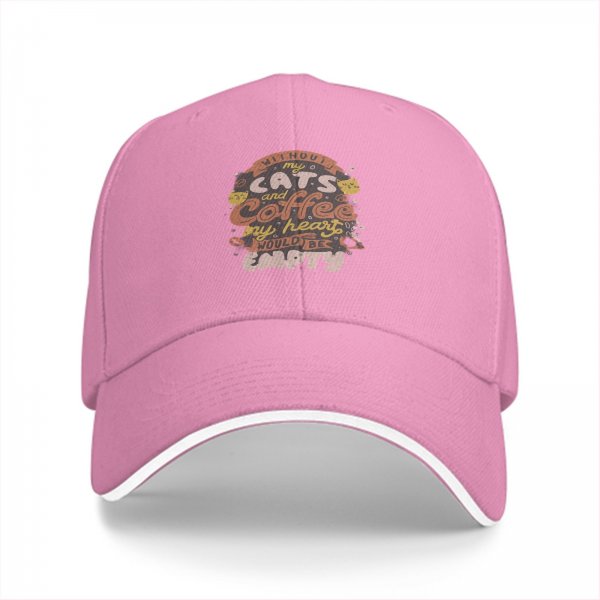 Black baseball cap with 'Without my cats and coffee my heart would be empty' print