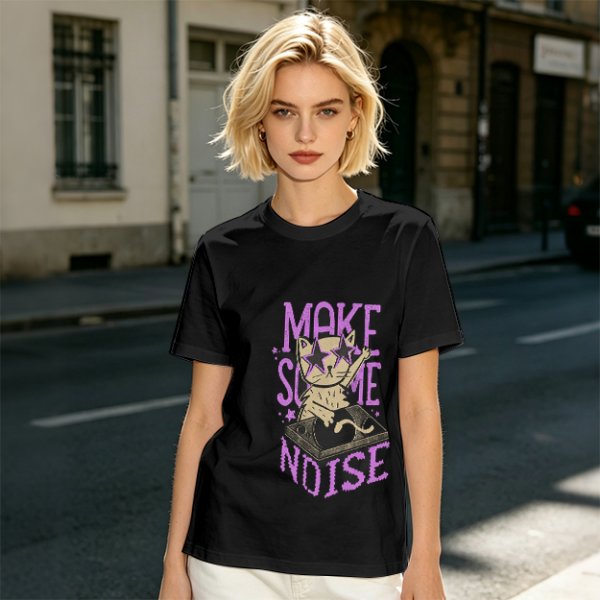 Olive T-Shirt with DJ Cat Graphic and Make Some Noise Text