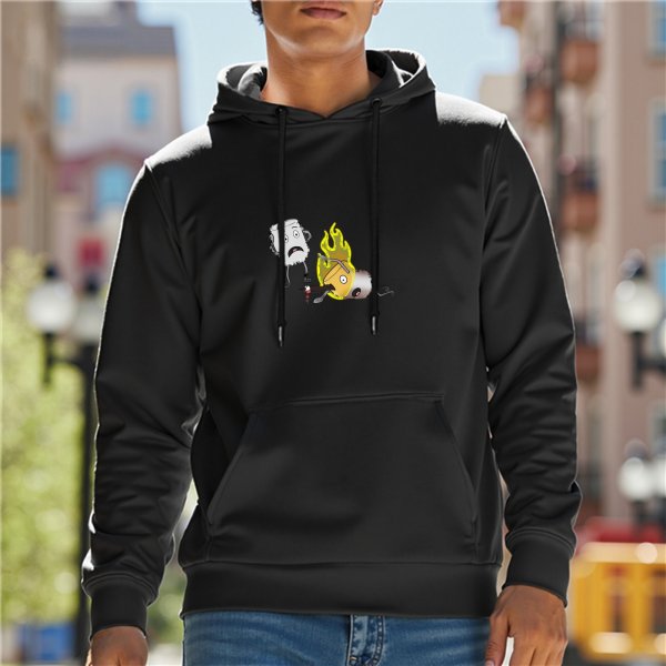 Black hoodie with cartoon burnt marshmallow and flaming match graphic