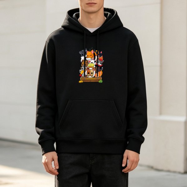 Black hoodie with cute stacked cartoon cats graphic