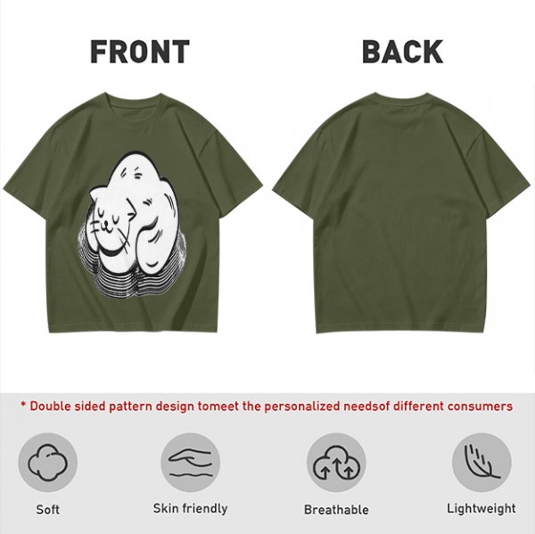 Olive Green T-Shirt With Sleeping Curled Cat Graphic Print