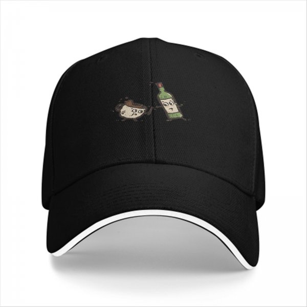 Black baseball cap with cartoon coffee cup and wine bottle graphic