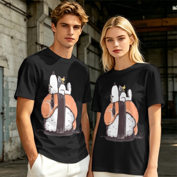 Olive t-shirt with Snoopy and Woodstock sushi print