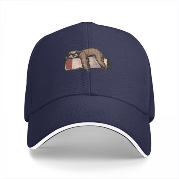 Black baseball cap with a sleepy sloth on low battery icon print