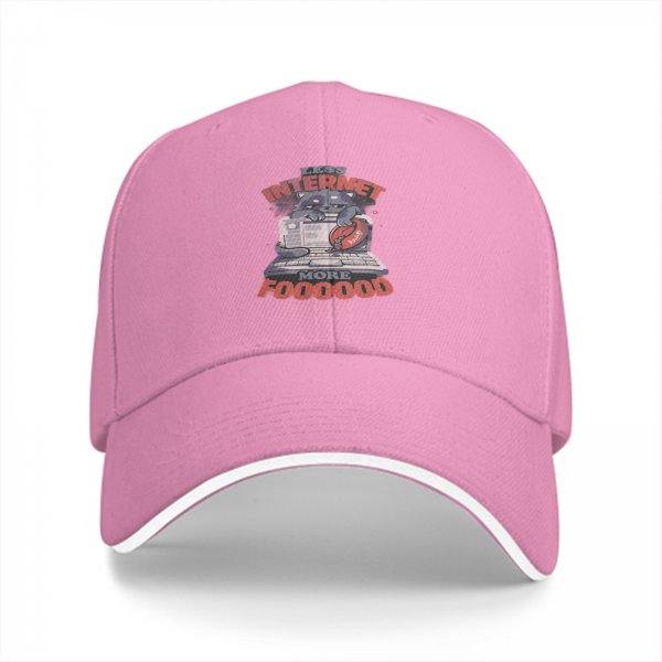 Black baseball cap with 'Less Internet More Food' cat laptop print